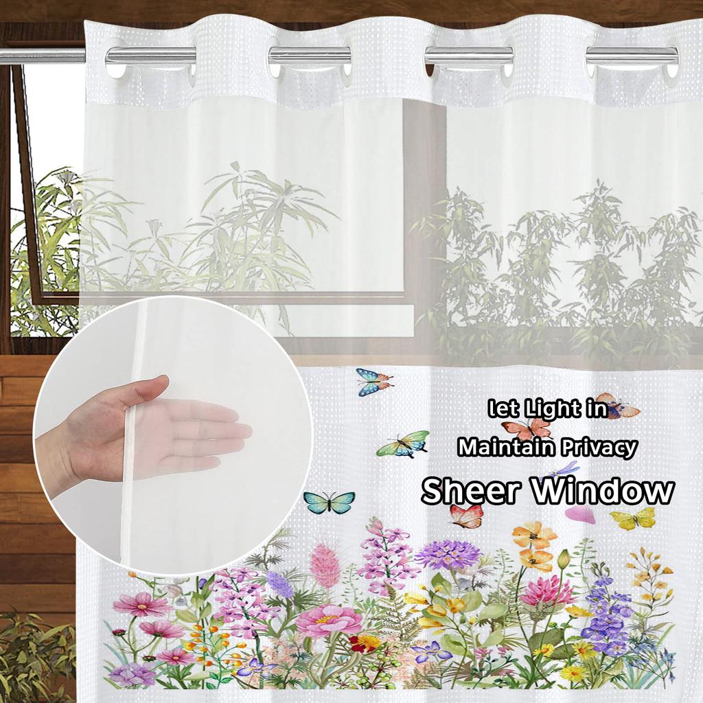 No Hook Floral and Butterfly Shower Curtain With Snap-in Fabric Liner, Sheer Top Window, Waterproof Double Layer Bathtub Curtain