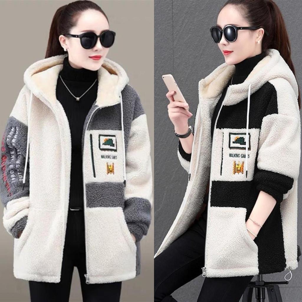 Dames kleurblok patchwork teddybeerjas dames casual fleecejack met capuchon en lange mouwen losse warme dikkere bovenkleding