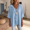Women's V Neck Three Quarter Sleeve Blouse Loose Fit Ruffle Front Solid Linen Casual Top