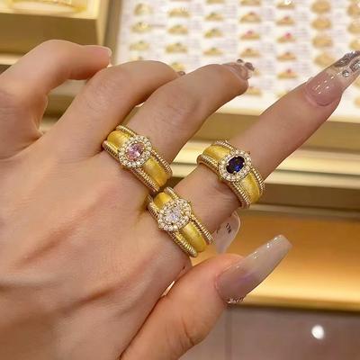 Medieval Brushed Pigeon Egg Ring Ball Edge Light Luxury Retro High Sense Court Style Diamond Open Ring Female