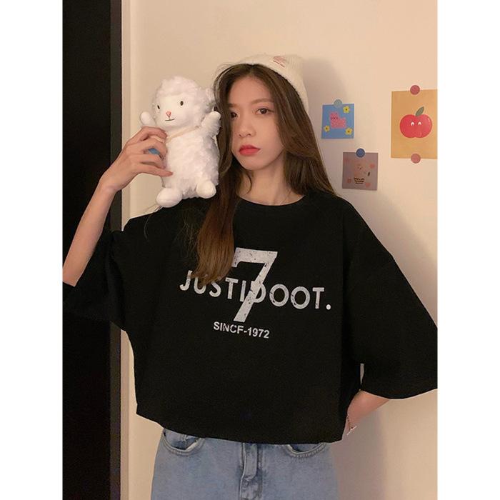 

[Tight combed pure cotton] Back bag collar loose printing short-sleeved t-shirt women s summer new 3XL