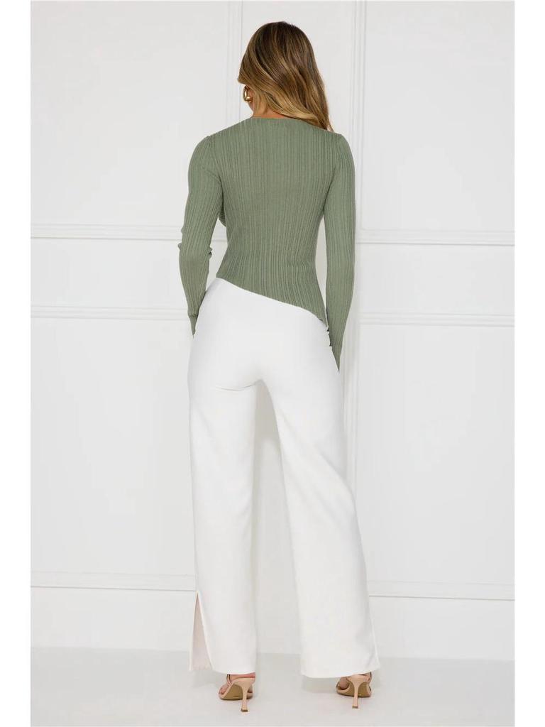 European Women's New Fashion Ribbed Slit T-shirt: Solid Color Autumn Winter Slim Casual Top