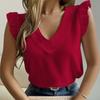 Summer Lace Patchwork V-neck Ruffled Sleeveless Loose Shirts Women Fashion Elegant Casual Plus Size Tops Women Blouses Solid Simple Woman Shirt 26362