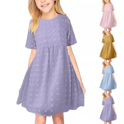 Girls Dress Round Neck High Waist Short Sleeve Fashion Cute Long Skirt
