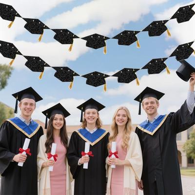 2Pcs Shining Graduation Party Banner Reusable Paper Pull Flag Bachelor Hat Banner  Party Supplies