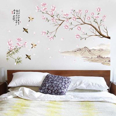 Chinese Style Peach Blossom Wall Sticker PVC Waterproof Removable Home Decor for Bedroom Living Room Restaurant Decoration