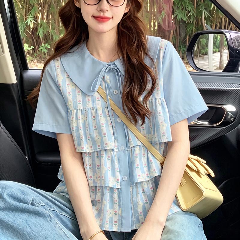 ZANZEA Women Casual Turn Down Collar Floral Print Short Sleeve Ruffles Blouse M синий