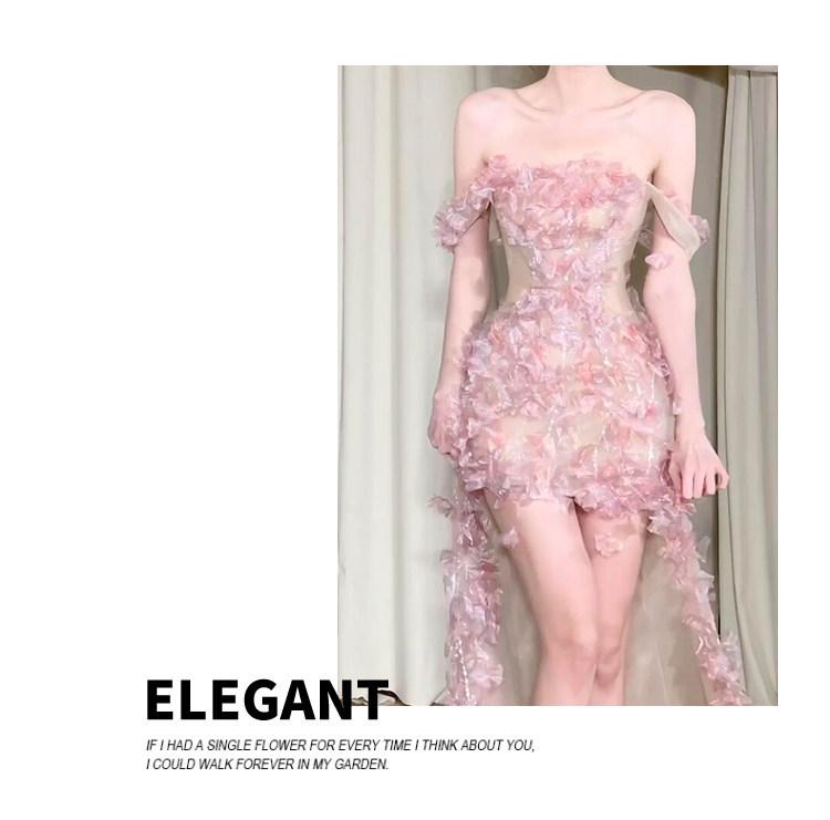 2026 French Pink One-Shoulder Strapless Dress: Elegant High-End Party & Engagement Attire