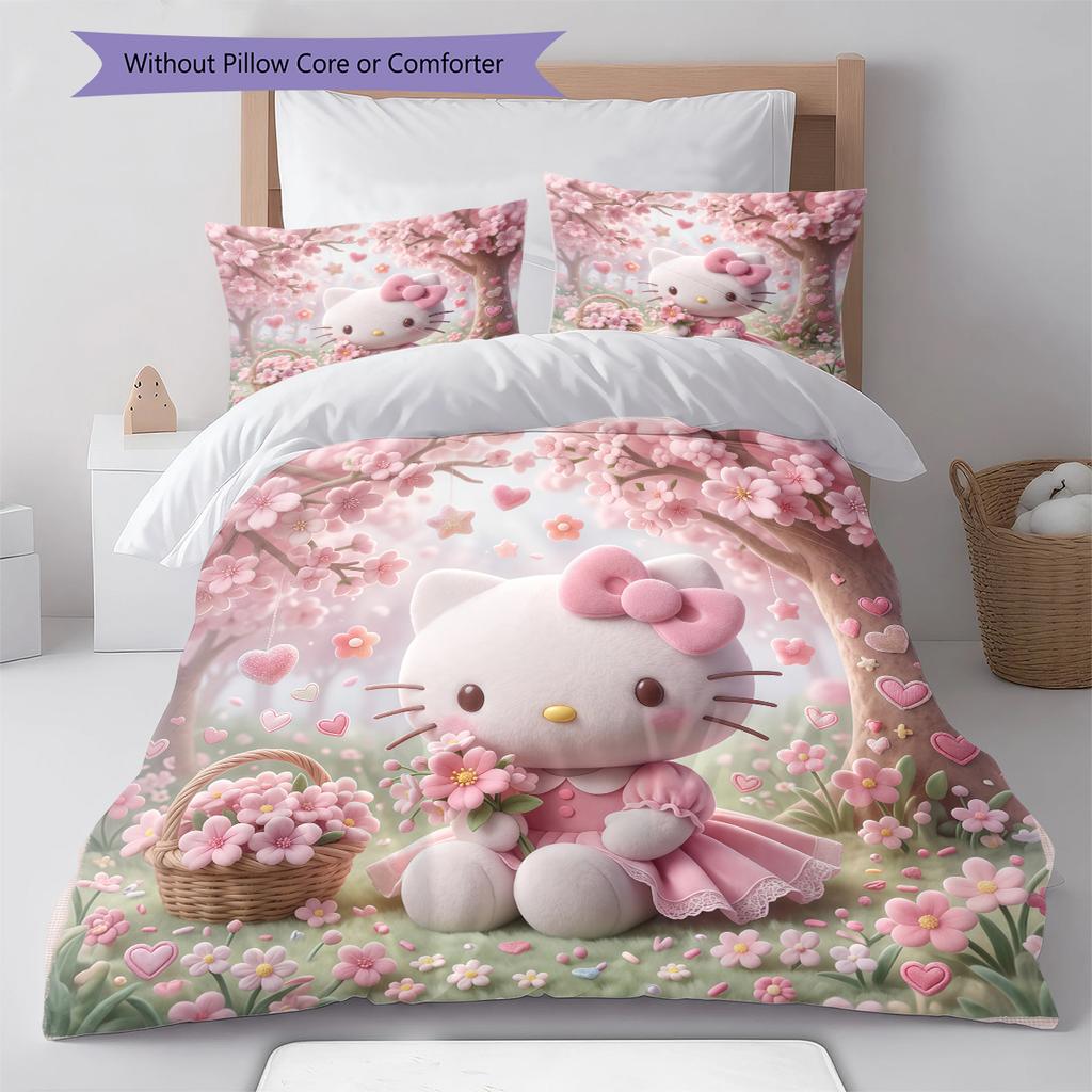 Hello Kitty Cute Pattern Bedding,Quilt Set Quilt Cover Pillowcase Home Birthday Gift(1 * Duvet Cover + 2 * Pillowcase, Without Core)
