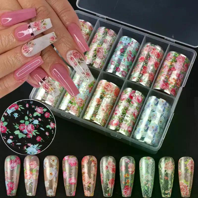 10 rullar blomma ros nagelfolier för transferpapper blommig sliders fjäril nagelkonst klistermärken dekal nagelkonst dekorationer