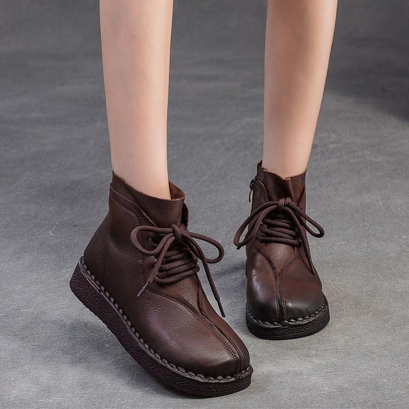 Johnature Retro Lace Up Flat Short Boots Genuine Leather Comfortable Versatile Women's Shoes