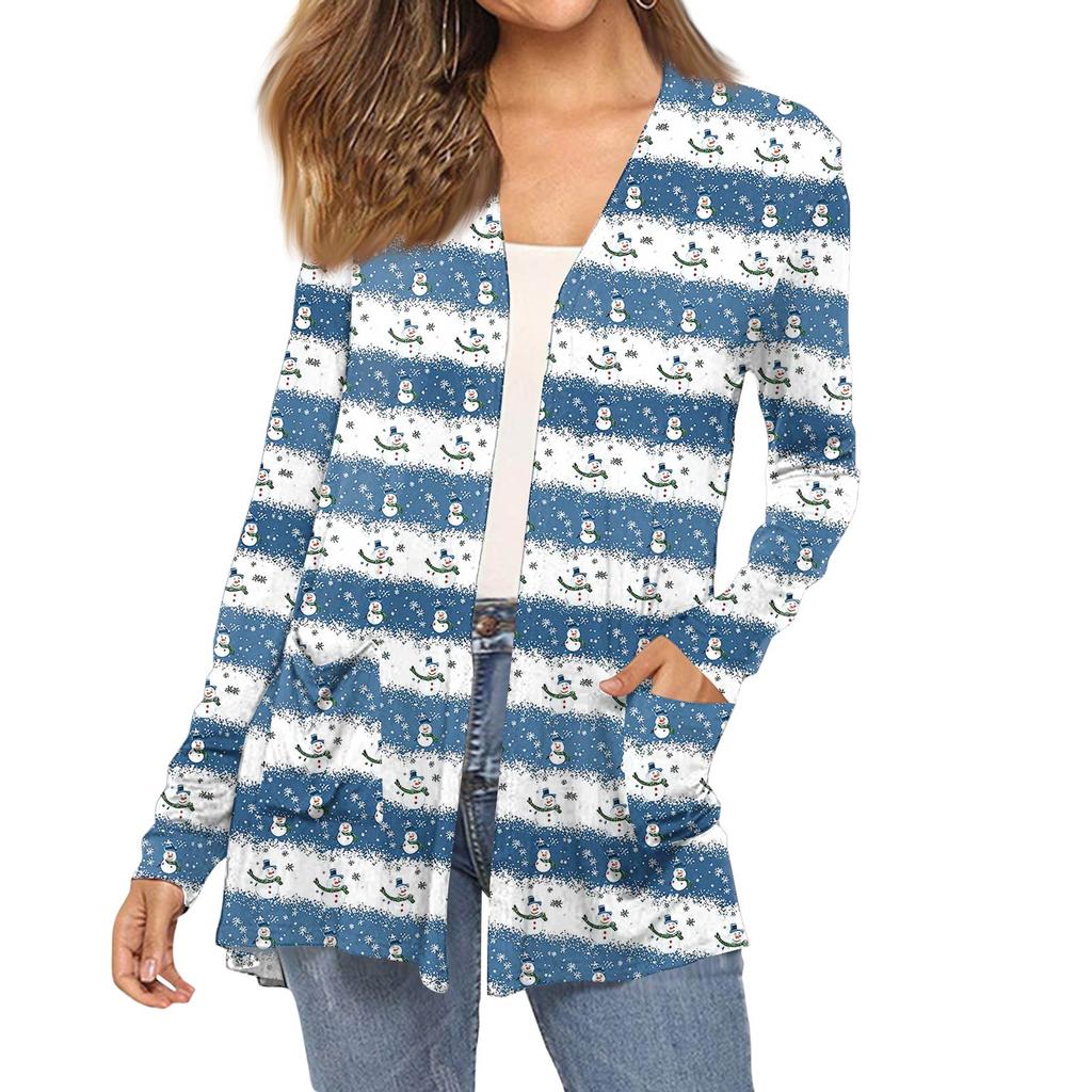 Dámský módní vánoční potisk dlouhý rukáv kapsy slim fit kardigan kabát