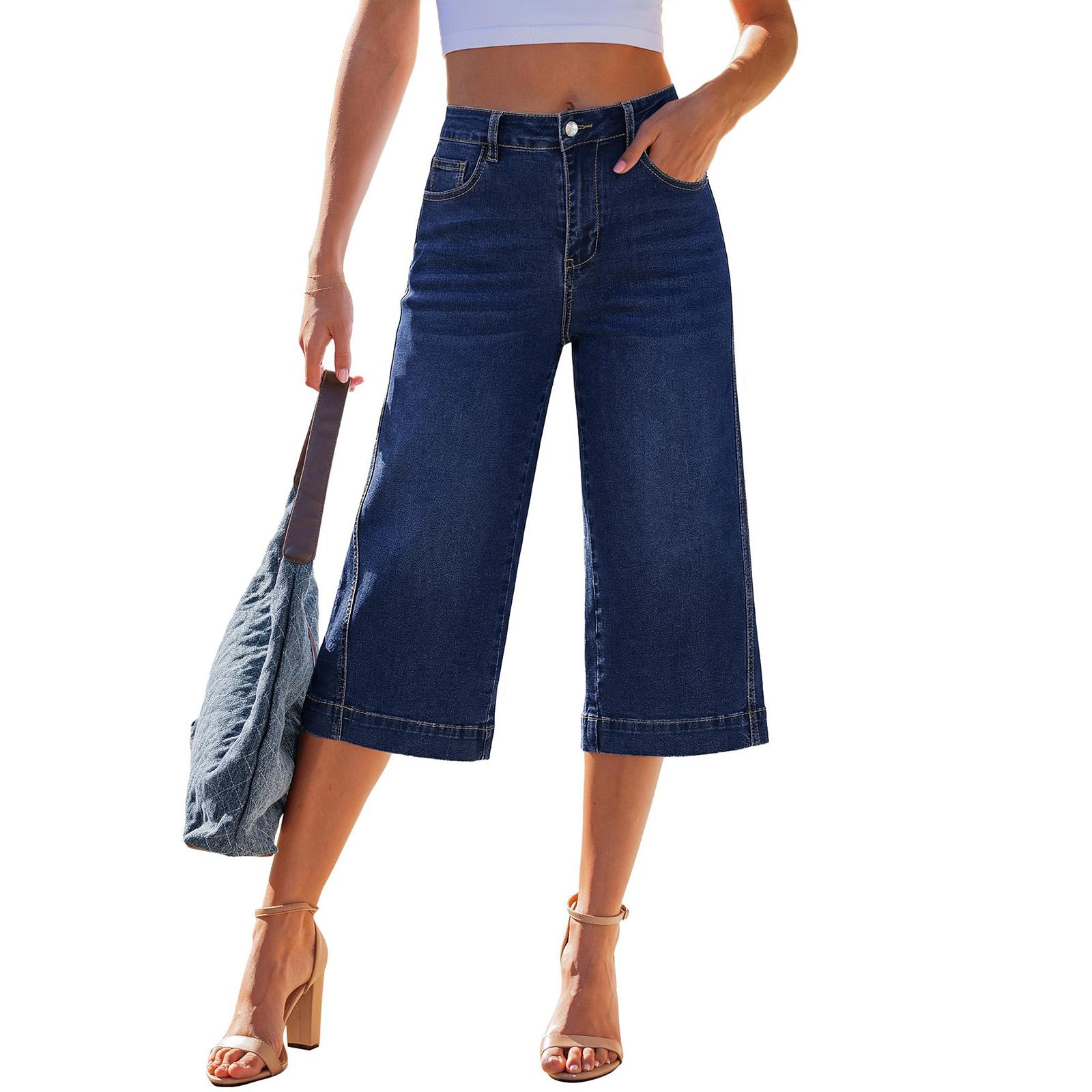 Ren Beauty Dames wijde denim culotte met hoge taille, cropped jeans, casual losse broek met klassiek vijfzakken ontwerp XXL