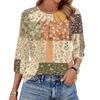 Women Floral Print 3/4 Sleeve Round Neck Pleated Casual Blouse Top Lightweight Comfortable Fit