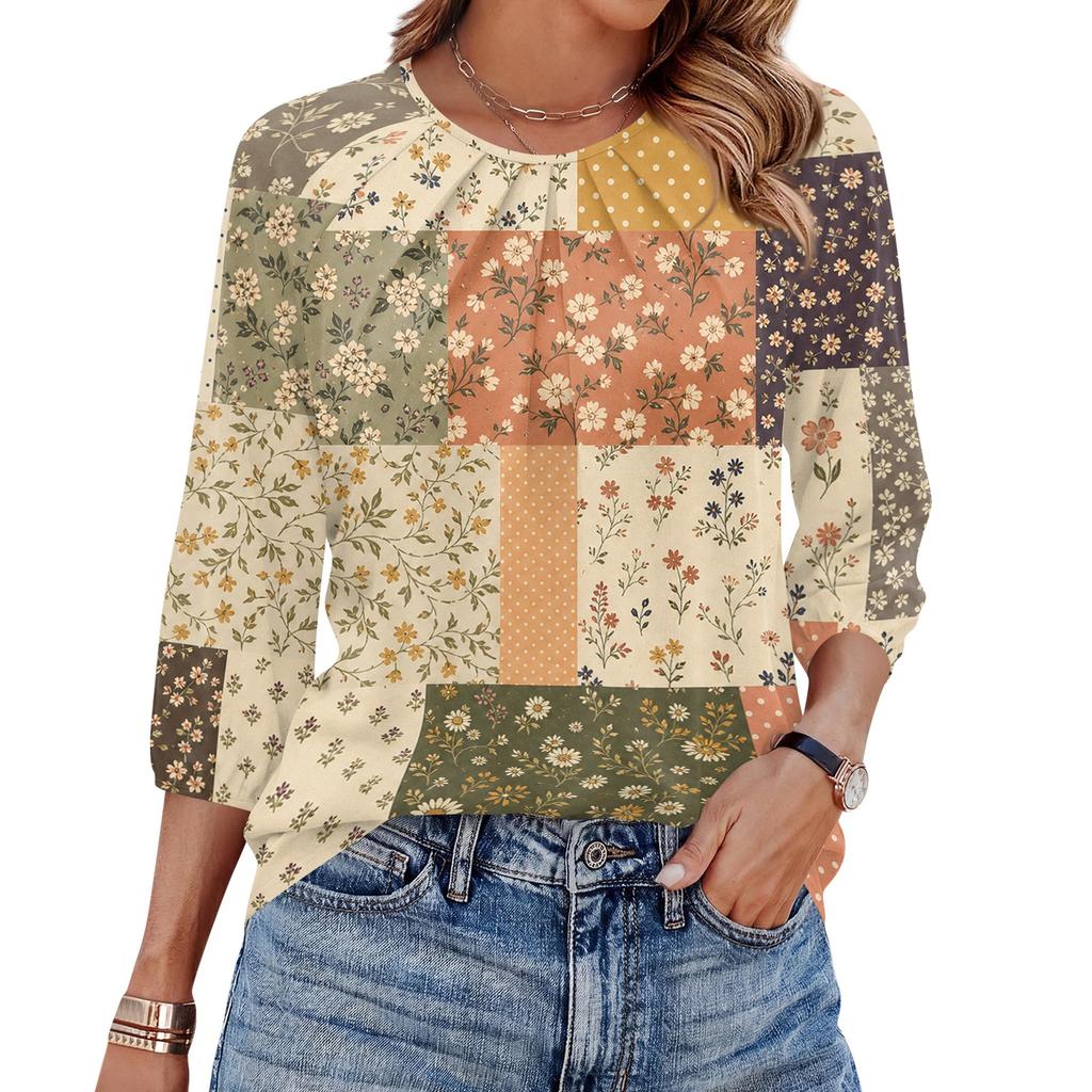 Women Floral Print 3/4 Sleeve Round Neck Pleated Casual Blouse Top Lightweight Comfortable Fit