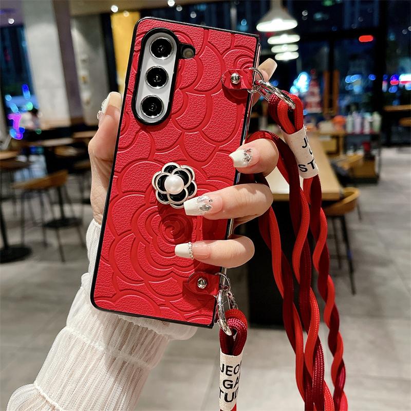 Crossbody kožené kvetinové puzdro na telefón pre Samsung Galaxy Z Fold 6 5 4 3 Fold6 Fold5 Fold4 Fold3 5G Hard Shell Shockproof Cover