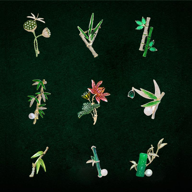 SKEDS Elegant Women New Creative Bamboo Rhinestone Brooches Pins Vintage Plant Series Crystal Enamel Pin Badges Corsage For Lady