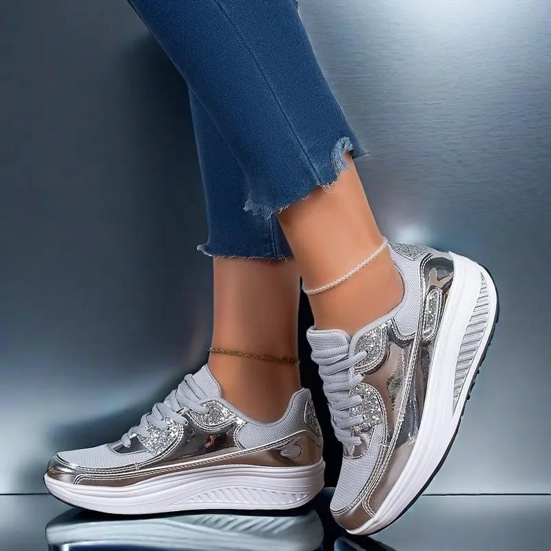 Fashion Mesh Platform Shoes for Women Lace-up Breathable Wedges Height-increasing Casual Walking Footwear for Traveling Working