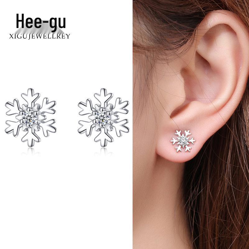 S925 Silver Zircon Snowflake Stud Earrings - Korean Style Christmas Gift for Girls