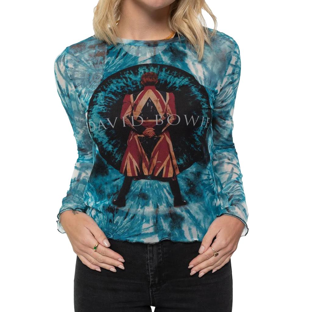 David Bowie Top curto de malha com mangas compridas Live & Well para mulheres/senhoras