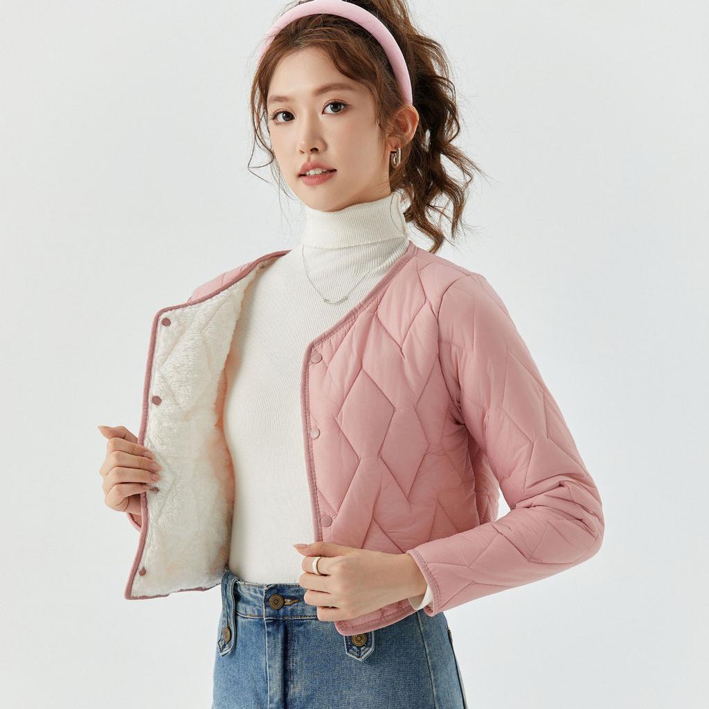 Women's Winter Lamb Wool Padded Jacket Fashion Cotton Top Fleece Lined Short Puffer Coat Warm Inner Liner