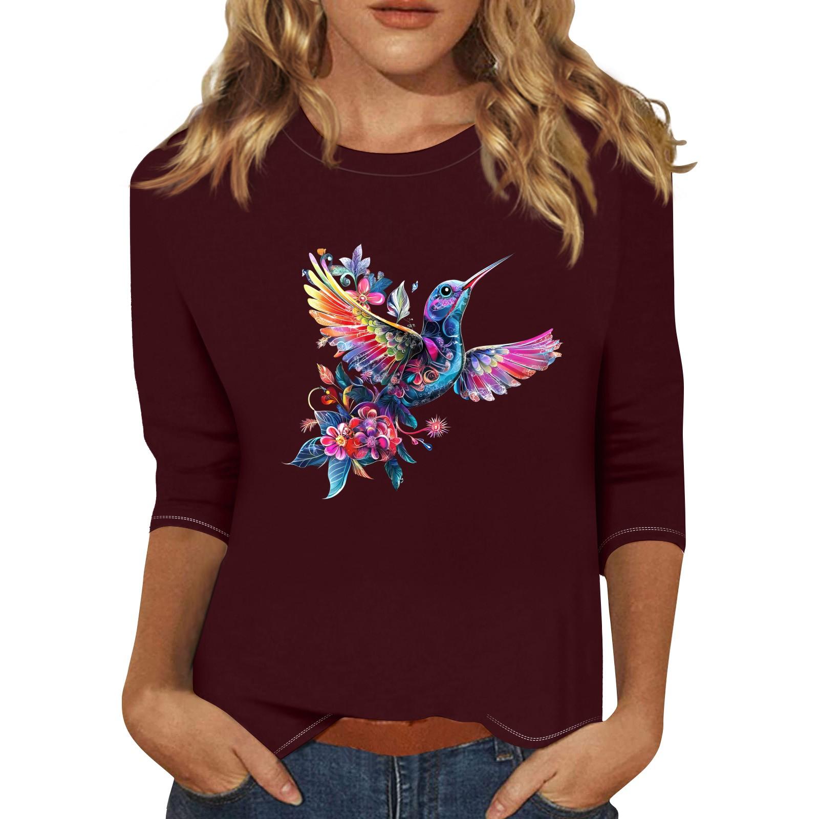 

Women s Fashion Casual Seven-Point Sleeve Print Round Neck Top M винний