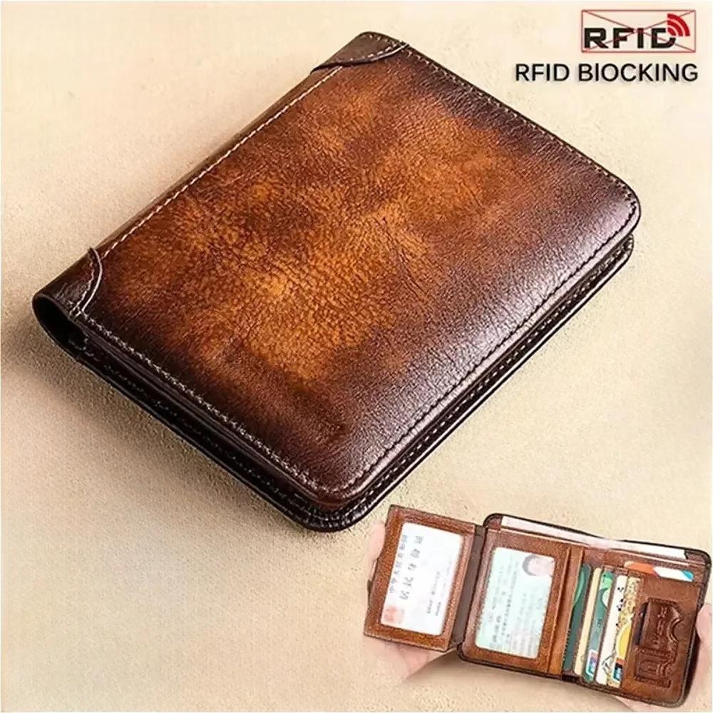Men Wallet Genuine Leather Rfid Blocking Trifold Wallet Vintage Thin Short Multi ID Credit Card Holder Male Purse Money