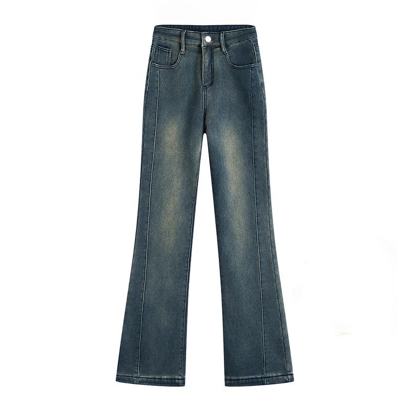 Elastic Women's High-Waisted Micro-Flare Jeans, Patchwork Blue-Gray, Floor-Length Bell Bottom.