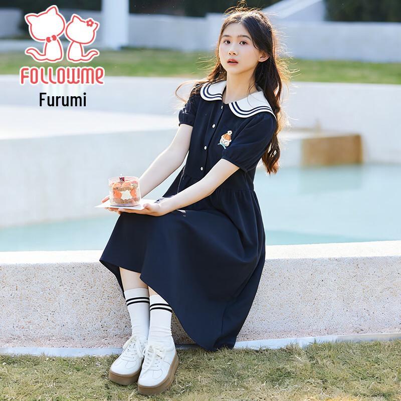 Girl's Summer School Style Navy Collar Dress