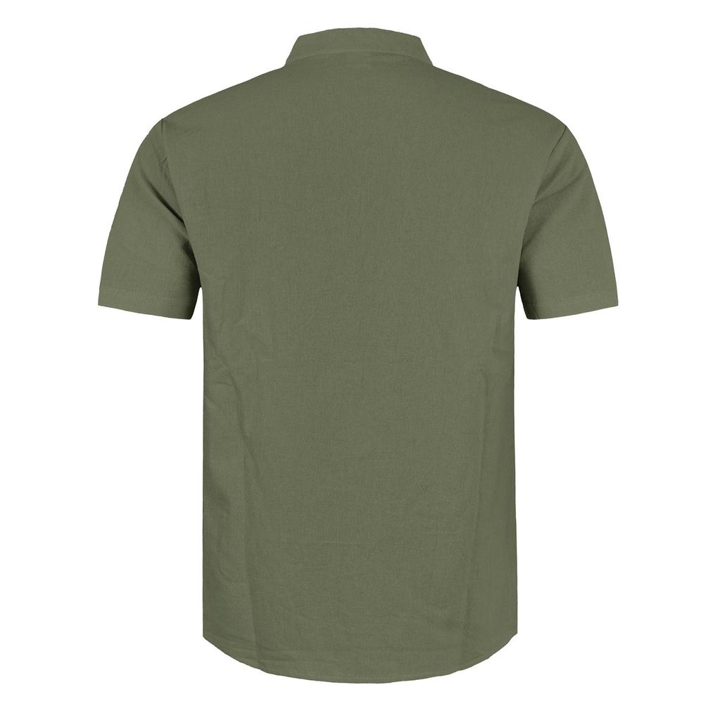 Men's Summer Linen Short Sleeve Shirt Stand Collar Button Down Shirt Casual Breathable Lightweight Top for Daily Wear