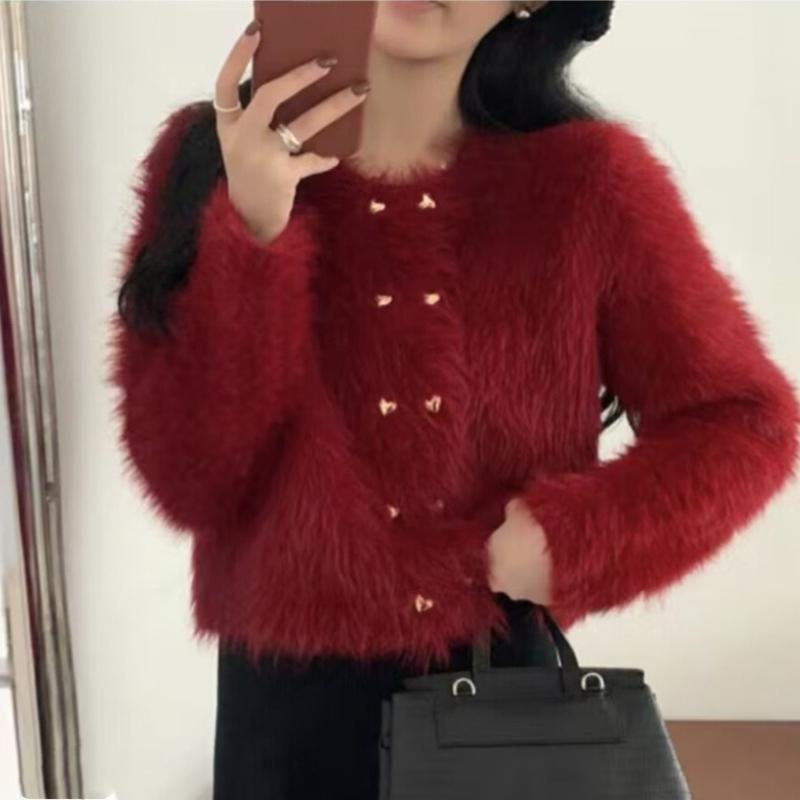 French Style Noble Mink Velvet Knit Cardigan for Women: Autumn Winter Crew Neck Solid Color Double-Breasted Sweater