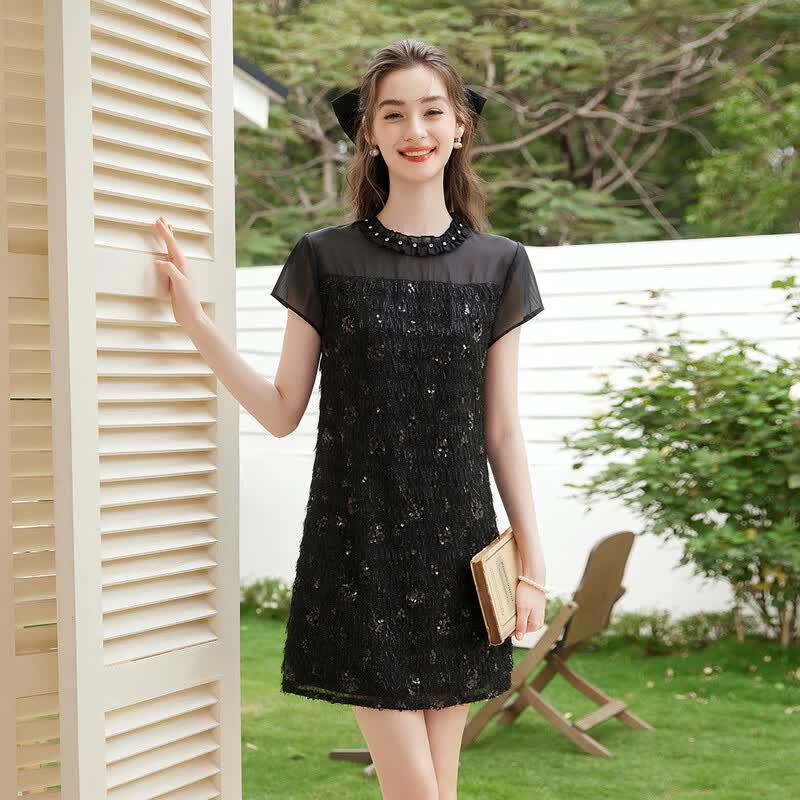 Elegant Sequin Fringe A-line Midi Dress M
