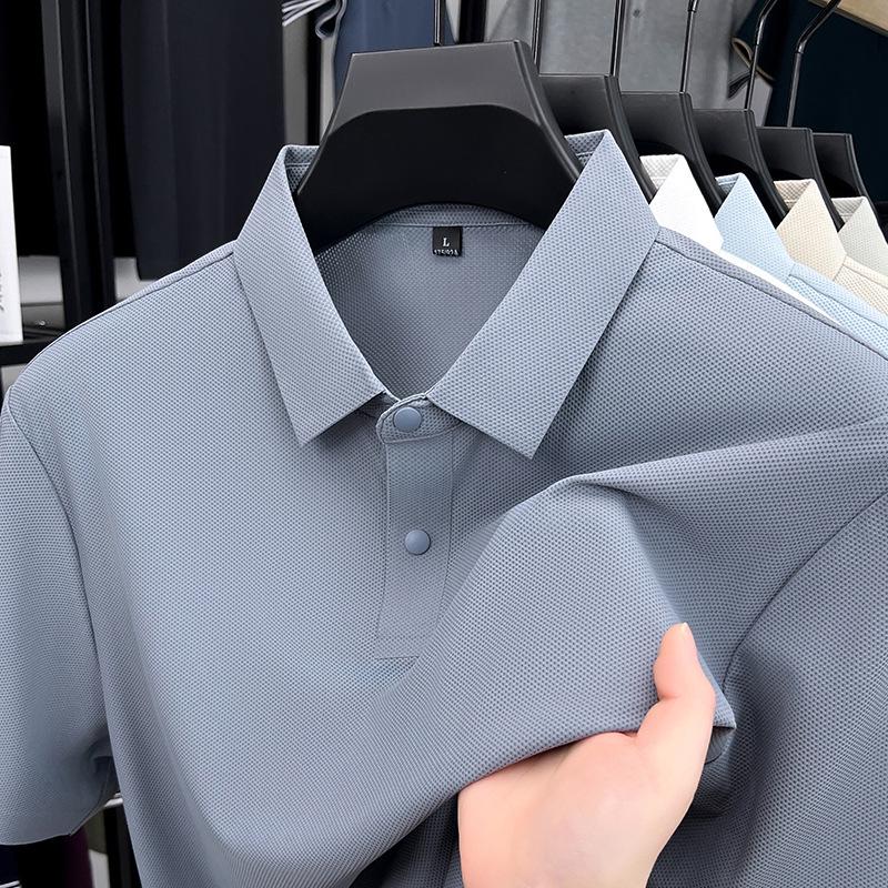 Men's High-End Ice Silk Short Sleeve Polo Shirt - Seamless Chinlon Spandex Turn-Down Collar Summer Top