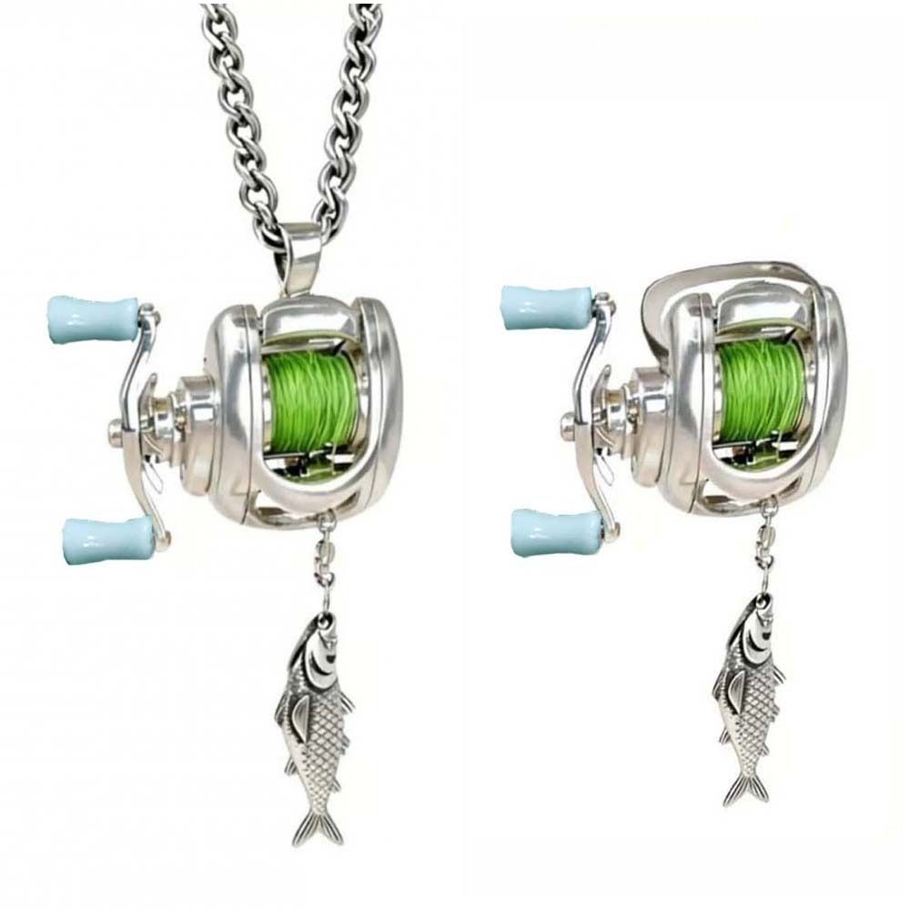 Rotatable Fishing Reel Necklace Luxury Men Neck Pendant Neck Chain Fishing Reel Ring  Fishermen