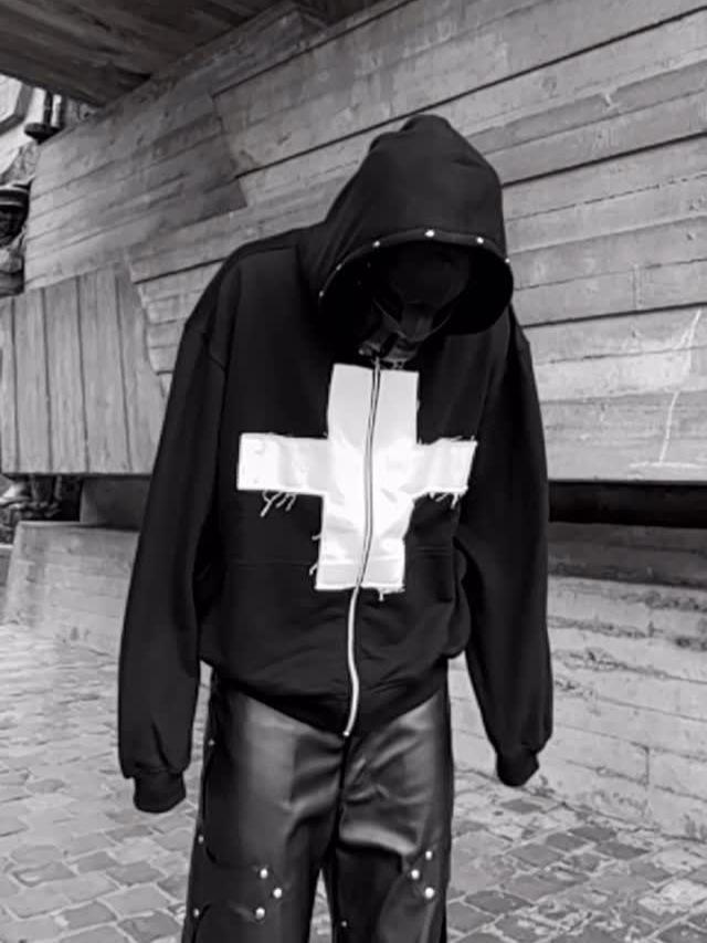 Schwerer Patchwork Cross-Zip Hoodie - Trendiges Applikations-Sweatshirt für Paare