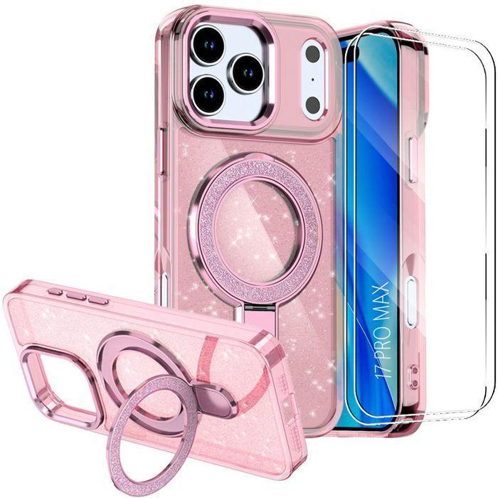 Coque de Protection - BOOLING - pour iPhone 17 Pro Max - Paillettée Cercle Magnétique Rose - 2 Vitres