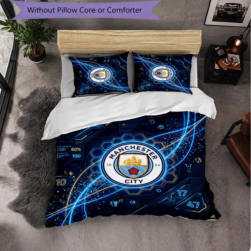 Manchester City Pattern 3 Pieces Bedding Set Soft Microfiber Duvet Cover with Pillow Cases for Bedroom