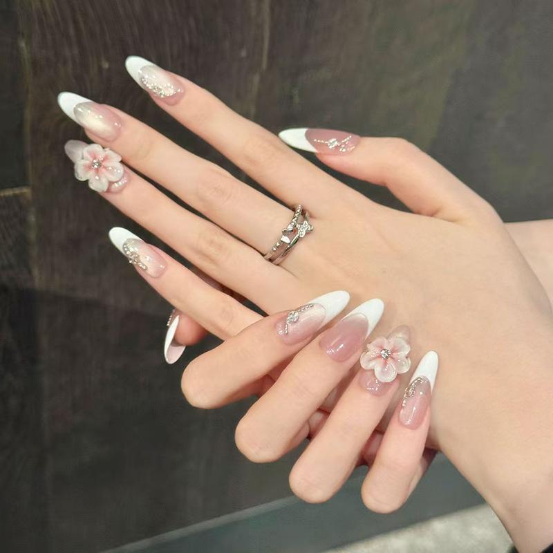 24PCS Simple White Cat Eye 3D Flowers Almond Press on Nails Golden Patterns French with Pearl Decor Fake Nails High-quality Nail
