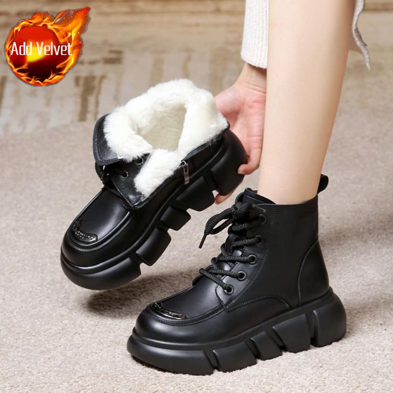 Waterproof Leather Chunky Lace-up Snow Boots for Women Goth Fleece-lined Winter Booties Comfortable and Elegant Chic Woman Shoes