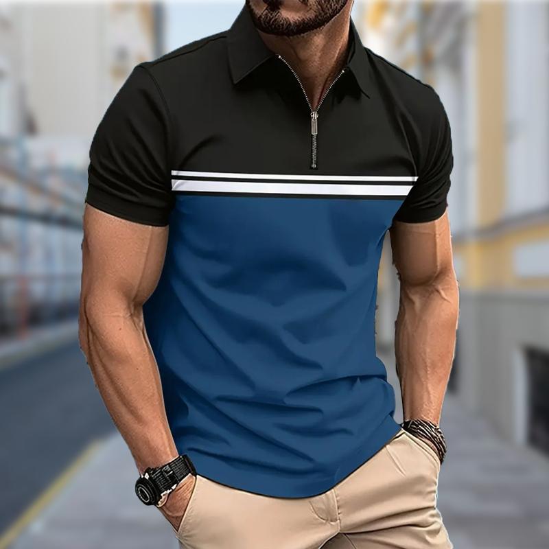 Men's Shirt Polo Casual Zip Short Sleeve Fashion Casual Zipper Summer Spring Regular Fit Leisure Splicing 3D Print Shirt