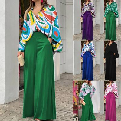Women's  And Winter Casual Set Loose Lapel Button Shirt High Waist Wide Leg Pants With Pockets Two Piece Set