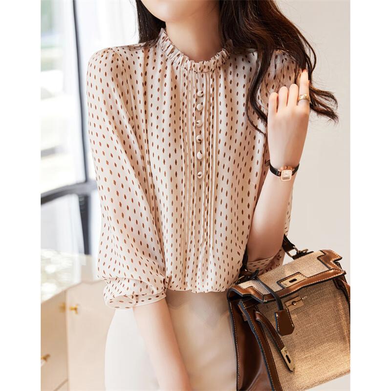 Dme [Polka Dot Puff Sleeve Blouse], Spring And Autumn Stand-Collar Fitted Long-Sleeve Commuter Shirt, Women's Top