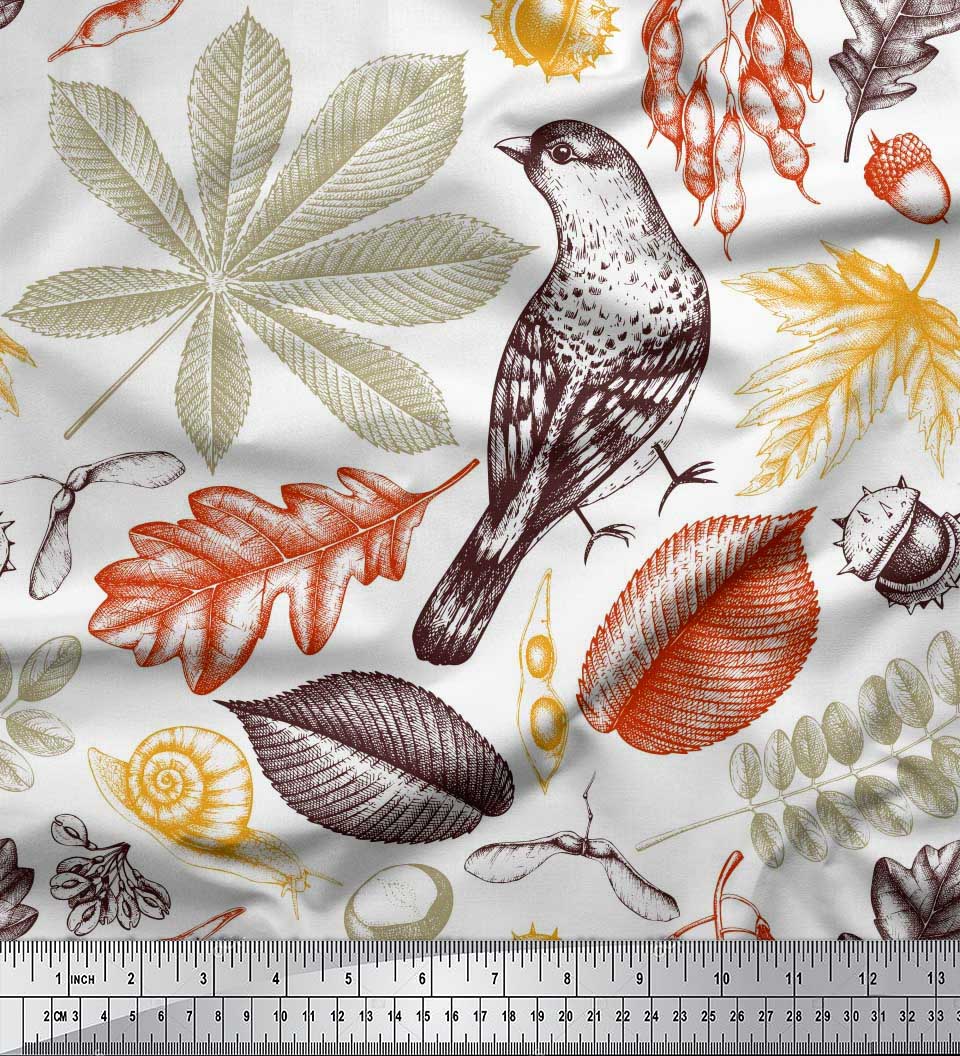 

Японська креп-атласна тканина Soimoi Принти на тканині з листям птахів, дуба та каштана розміром метр 42 дюйми 42 Inch Wide - Poly Crepe білий