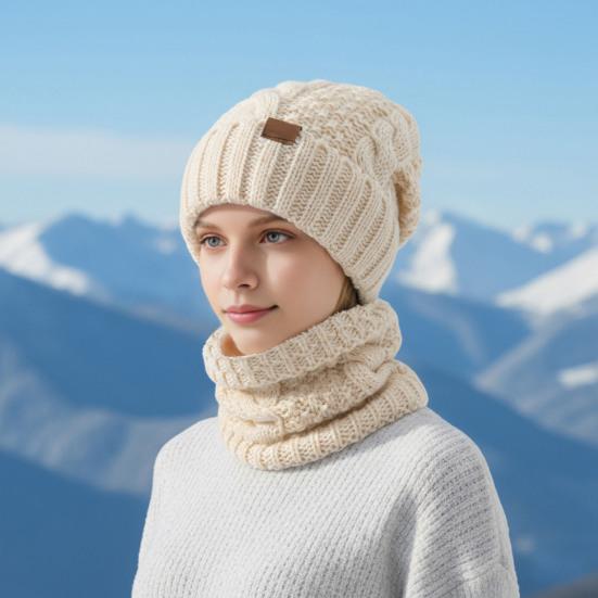 Conjunto de Chapéu e Cachecol Feminino 2 Peças/Conjunto Cor Sólida Textura Torcida Quente Térmico Tricotado Chapéu Cachecol de Pescoço Conjunto Acessórios de Inverno para Exterior