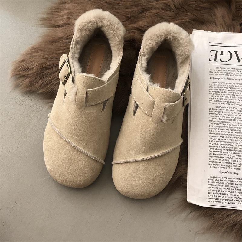 Autumn and Winter New Fashion Leather Women Velvet Retro Bean Shoes Women Cotton Shoes Women Flat Shoes Trend Short Plush Femme