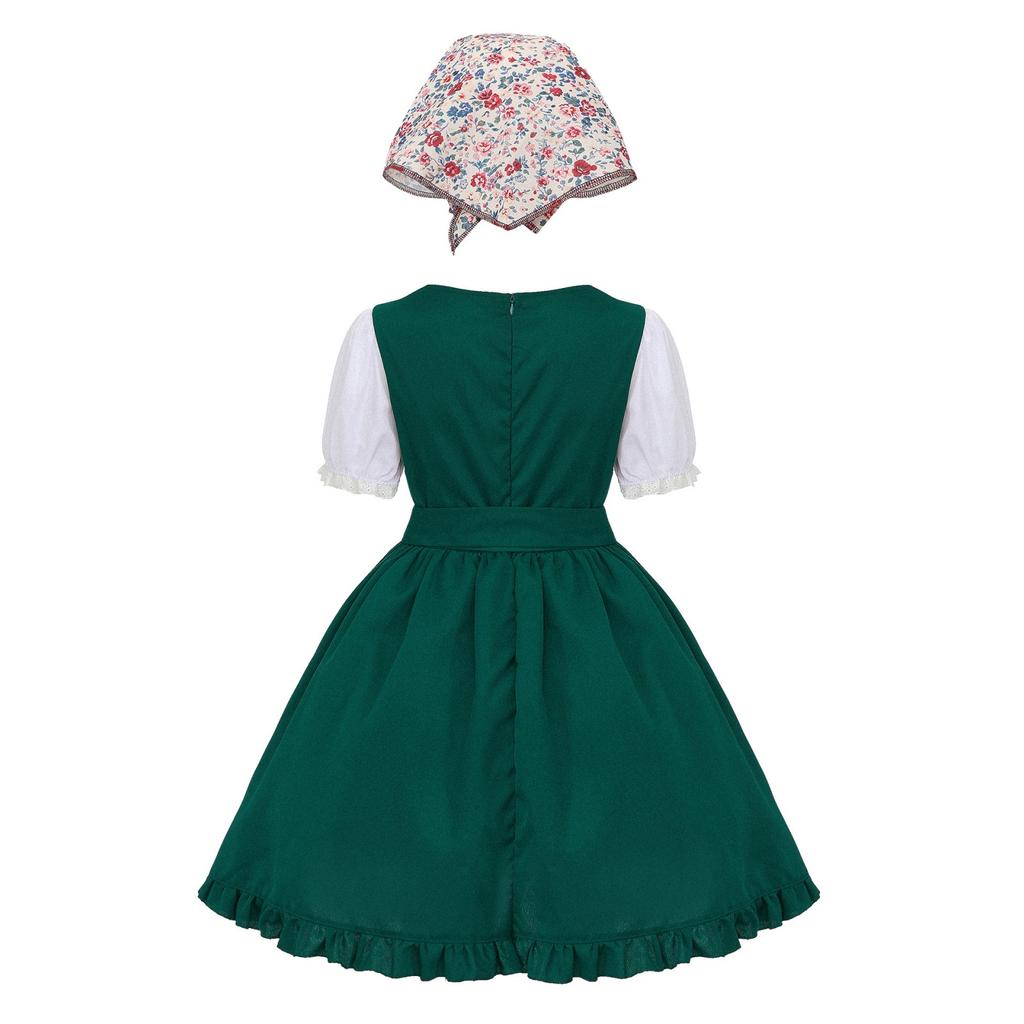 Girls Traditional Dress Oktoberfest Costume Country Style Apron Dress with Headscarf and Puff Sleeve Shirt for Kids