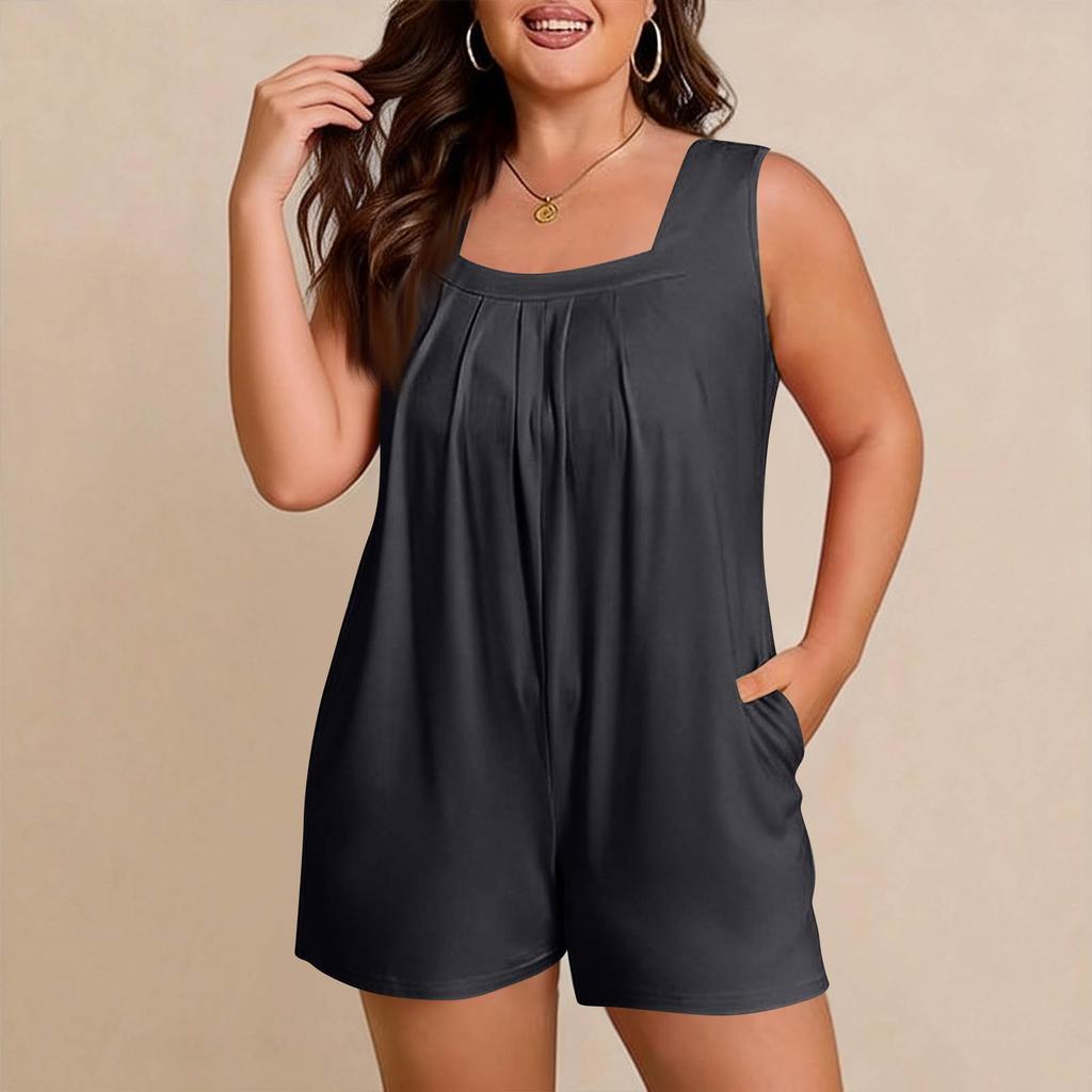 Women's Plus Size Casual Tank Top Sleeveless Pocket Jumpsuit Shorts Set