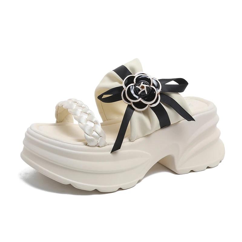 9CM Heels Chunky Slippers For Women Open Toe High Platform Weaving Flower Sandals Woman New Summer Thick Bottom Beach Flip Flops