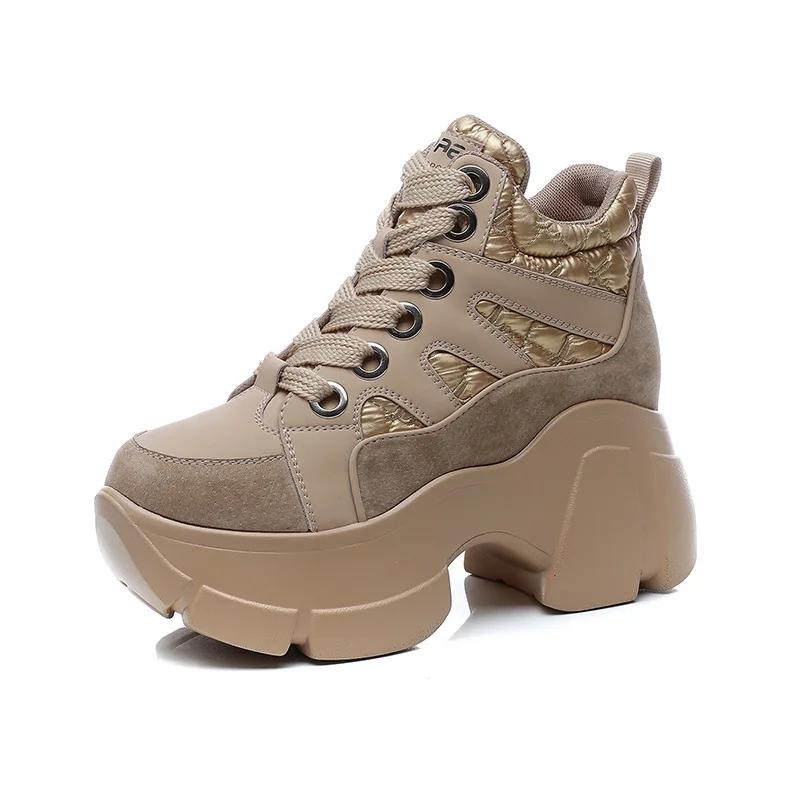 Fashion 8cm Genuine Lesther Pig Suede Down Cloth Ankle Boots Platform Wedge Women Casual Autumn Winter Hidden Heel Sneakers Shoes