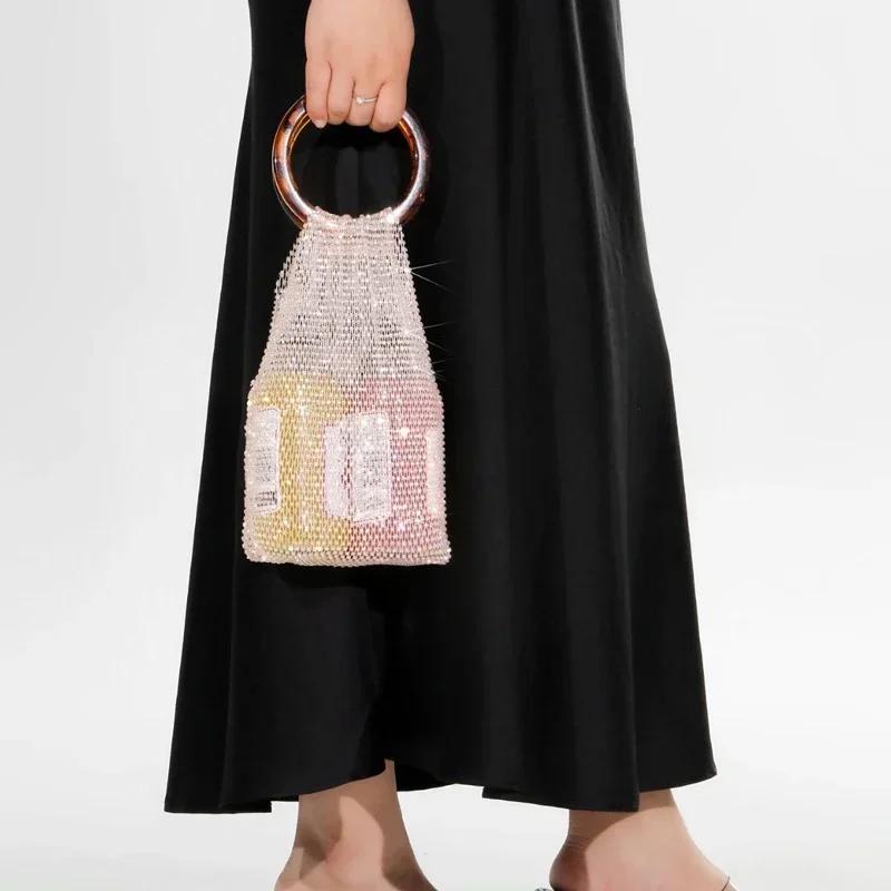 Bærbar Skinnende Strass Rødvin Tote Bag Hul Håndvevd Vannflaske Kopp Oppbevaring Håndveske Lett Luksus Bursdagsfest Gave